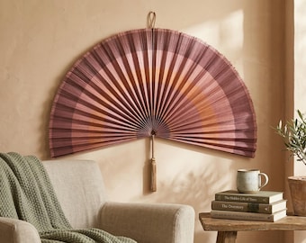 Mauve Brown Bamboo Fan Wall Decor, Large Handmade Boho Wall Art, Statement Headboard Decor for Bedroom, Living Room or Entryway
