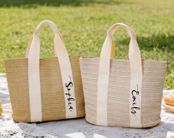 Personalized Straw Beach Bag, Custom Burlap Tote, Bridesmaid Gift Bag, Bachelorette Beach Tote, Straw Name Tote Bag, Wedding Gift