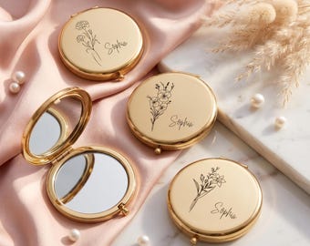 Personalized Birth Flower Compact Mirror, Custom Engraved Pocket Mirror, Elegant Bridesmaid Gift, Birthday Gift for Her