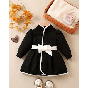 Baby Girl White Coat, Quilted Toddler Jacket, Black Bow Dress Coat, Winter Baby Outfit, Princess Outerwear, Fall Clothing