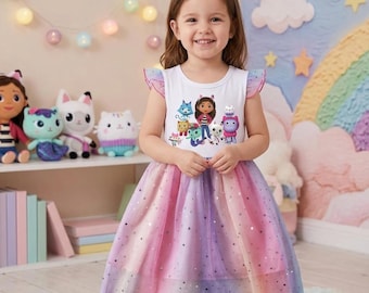 Kids Gabby Dollhouse Rainbow Dress, Cat Princess Costume for Girls, Mesh Summer Dress, Birthday Party, Wedding, Carnival Wear