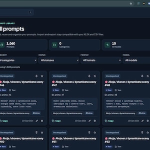 May include: A dark-themed digital interface titled Prompt Atlas displaying a library of prompts. The dashboard features a search bar, statistics for 1,060 prompts, and a grid of cards labeled with categories like Akcja, shonen, and dynamiczne sceny.