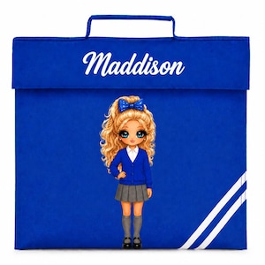 May include: A royal blue book bag with a top handle and two white diagonal stripes at the bottom right corner. The bag features the name Maddison in white script and a cartoon illustration of a blonde girl with a blue bow, blue cardigan, and grey skirt.