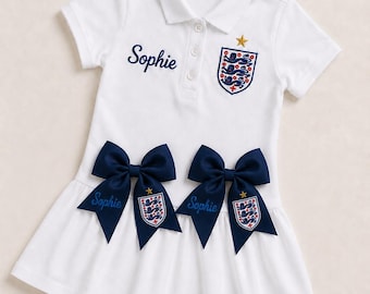 Personalised England Football Dress, Hair Bows | Kids Match Day Outfit