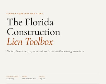 Ferramentas para Penhora de Construção na Flórida | Guia do Capítulo 713 + 8 Modelos Editáveis | Notificação ao Proprietário, Reivindicação de Penhora, Renúncias, Calculadora de Prazo