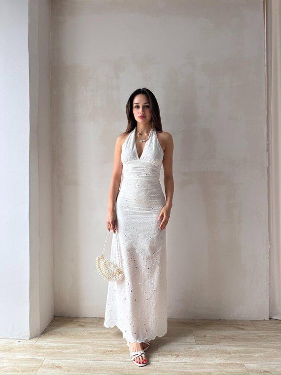 white eyelet halter dress Embroidered Maxi Race Dress