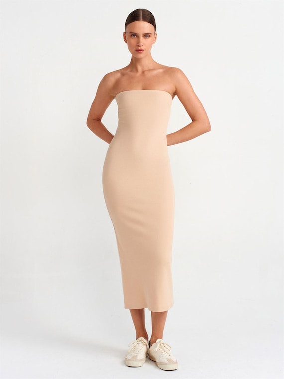 Beige Strapless Midi Dress, Cotton Bodycon Minimalist Elegant Casual Summer Chic Women Outfit Timeless
