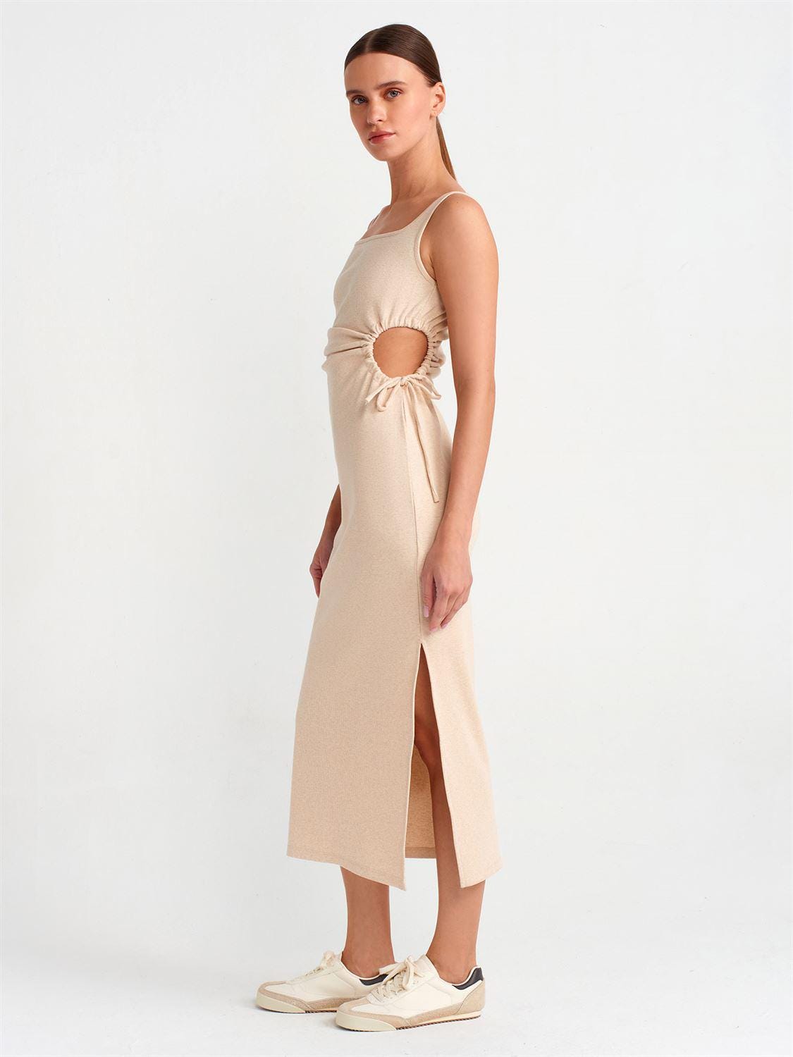 beige cut out maxi dress Acapulco Long Sleeve Cut-Out Waist Side Split Midi Jersey Dress Beige