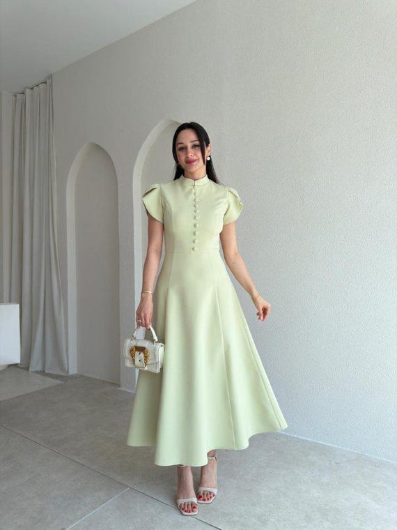modest sage green dress Midi Women Elegant Wedding Guest Party Outfit Chic Vintage Style Formal sage green dress for wedding guest