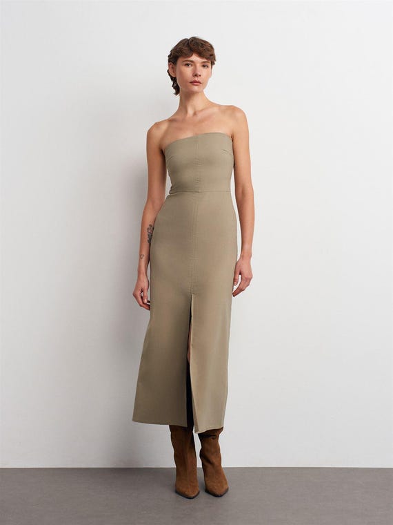 Olive Green Strapless Midi Dress Cotton Blend Slit Elegant Minimalist Bodycon Outfit Women