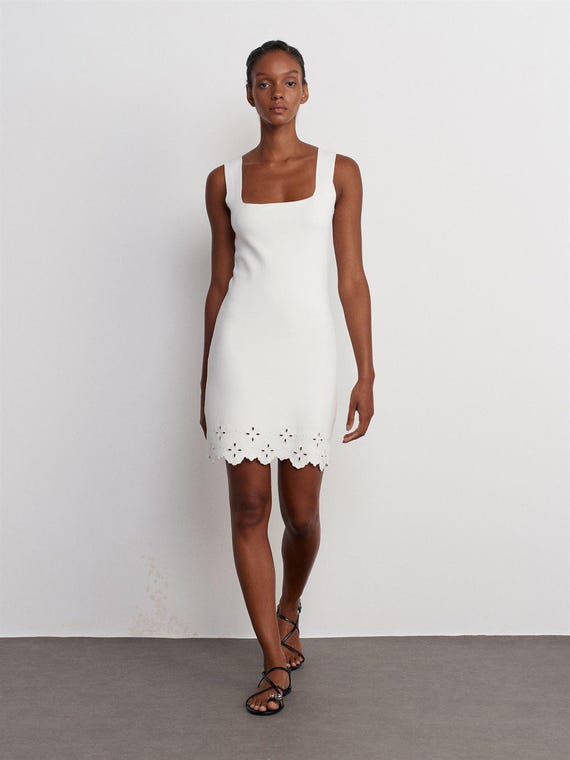 Cream Square Neck Knit Mini Dress Floral Hem Elegant Minimalist Summer Outfit Women