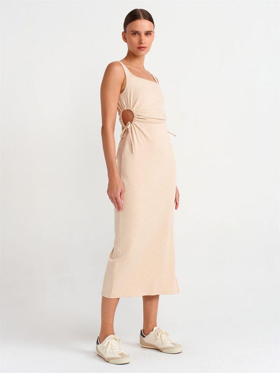 Beige Side Cutout Maxi Dress, Cotton Bodycon Summer Vacation Minimalist Elegant Women Long Outfit