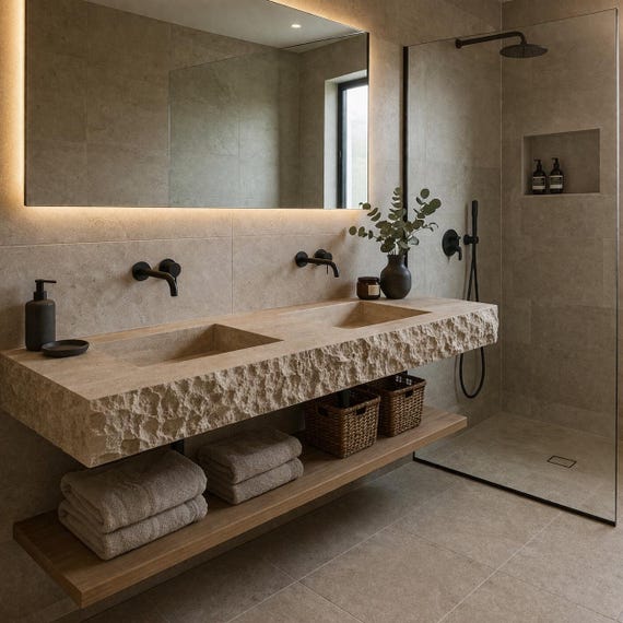 Double Travertine Wall Mounted Sink - Floating Stone Vanity - Rustic Textured Marble Bathroom Sink - Home Luxury Minimalist Bathroom Basin
