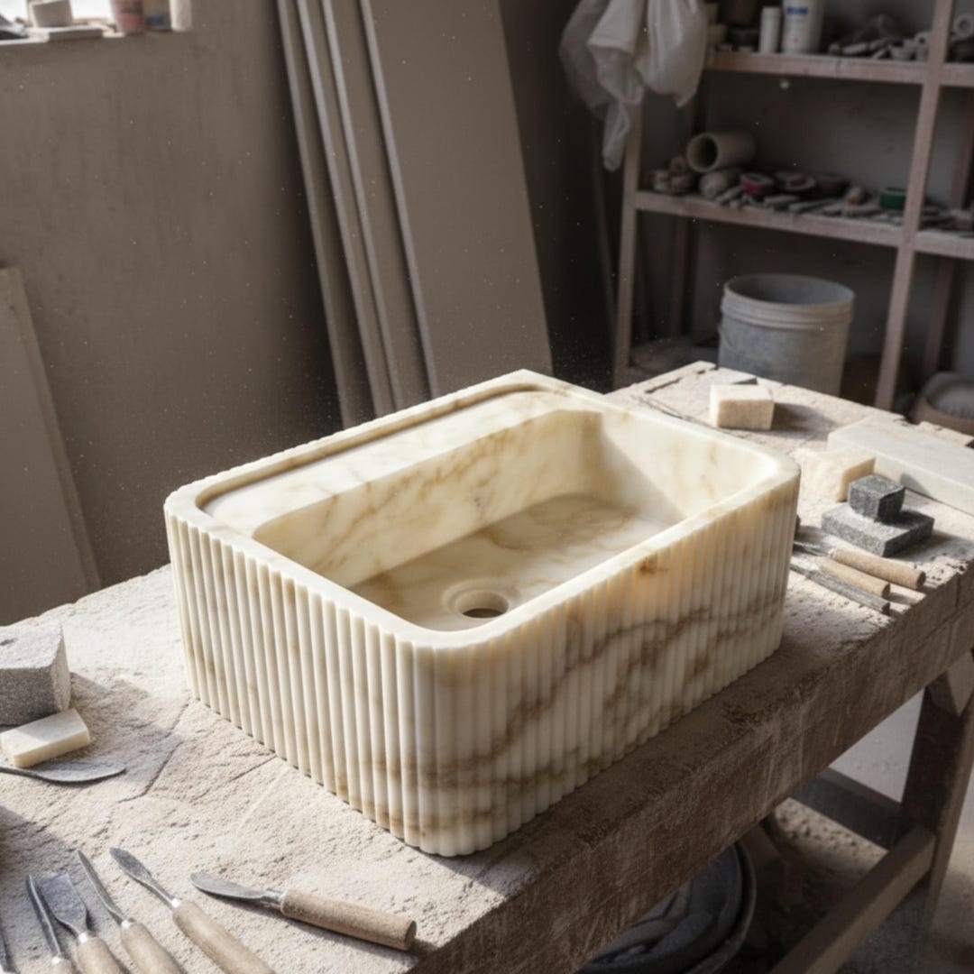 Calacatta Gold Marble Sink – Ribbed Vanity Vessel With Backsplash - Etsy