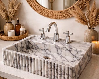 Benutzerdefinierte Größe Handgeschnitztes Calacatta Viola Marmor Waschbecken - Geriffeltes Stein Schiff Waschbecken - Handgefertigtes Badezimmer Becken-Waschbecken-Naturstein Waschbecken