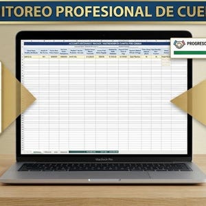 May include: A laptop displaying a spreadsheet with financial data, flanked by informational graphics. The graphics show key metrics like total outstanding and collection rate. The text "MONITOREO PROFESIONAL DE CUENTAS" is at the top.