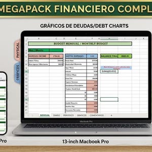 Puede incluir: Un paquete de planificación financiera que se muestra en una computadora portátil, una tableta y un teléfono. La computadora portátil muestra gráficos de deuda, la tableta un planificador diario y el teléfono una descripción general financiera. Incluye el texto "BUNDLE 3-EN-1".