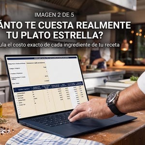 May include: A laptop displaying a spreadsheet with food costs is on a wooden countertop. The text "¿CUÁNTO TE CUESTA REALMENTE TU PLATO ESTRELLA?" is at the top. Ingredients like garlic, herbs, and oil are also on the counter. A chef is in the background.