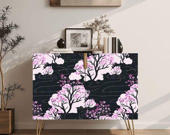 Japandi Storage Cabinet, Moody Dark Sakura| Ukiyo-e Cherry Blossom Sideboard | Wabi-Sabi Zen Accent Credenza