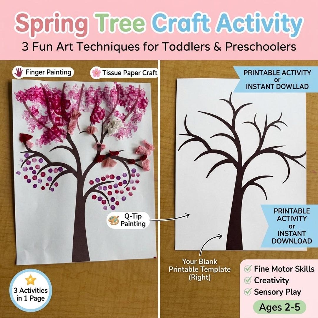 Spring Tree Craft Printable | Tissue Paper, Q-tip, Finger Painting ...