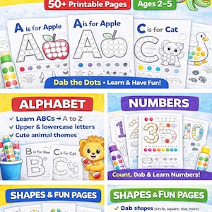 Puede incluir: Hojas de trabajo con rotuladores de puntos de colores para niños de 2 a 5 años, con alfabeto, números y formas. Incluye más de 50 páginas imprimibles con temas de animales lindos. Las hojas de trabajo fomentan la motricidad fina y el aprendizaje.