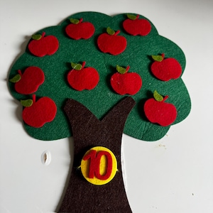 Könnte beinhalten: Ein Filzbaum mit grüner Baumkrone und braunem Stamm. Zehn rote Filzäpfel mit grünen Blättern sind an der Baumkrone befestigt. Ein gelber Kreis mit der Zahl 10 in Rot befindet sich am Stamm. Lernspielzeug.