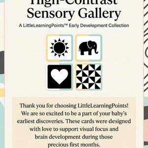 May include: High-Contrast Sensory Gallery cards for early development. The image shows four square cards with black and white designs: a sun, an elephant, a heart, and a geometric pattern. The text reads "LittleLearningPoints™ Early Development Collection."