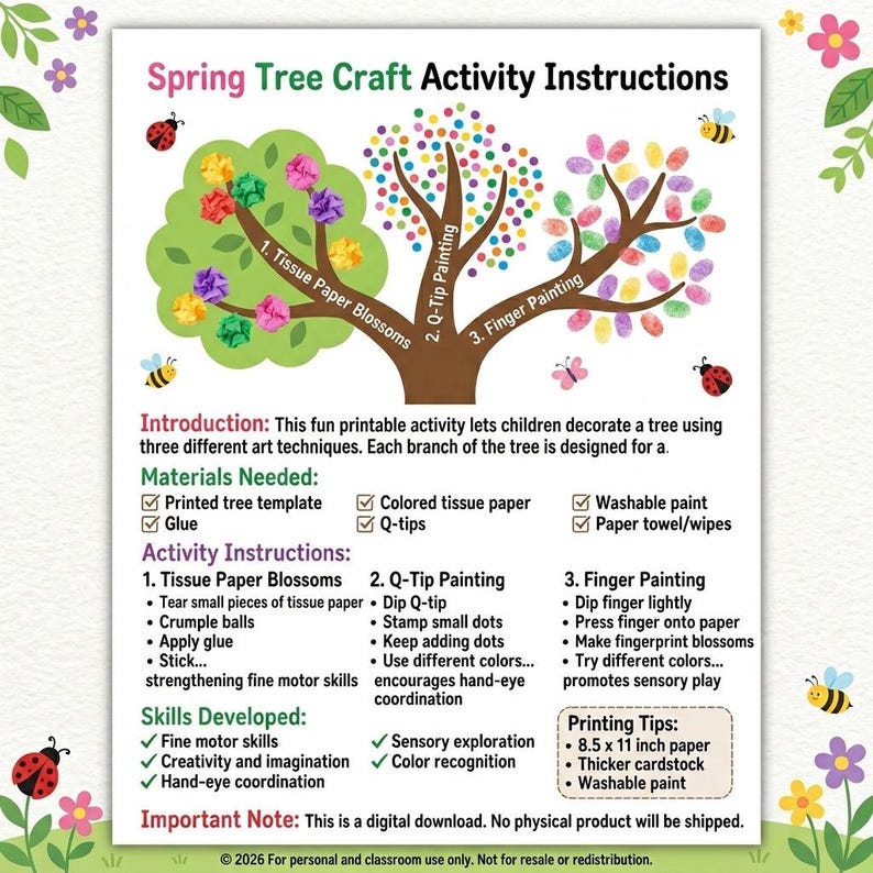 Spring Tree Craft Printable | Tissue Paper, Q-tip, Finger Painting ...