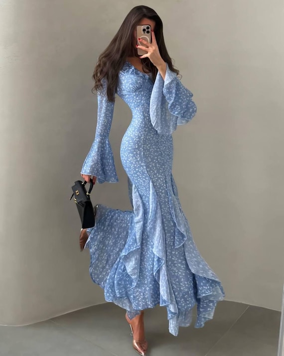 fitted long summer dress Blue floral maxi Dress with ruffle hem, Long sleeve, Elegant Fitted Long Dress for Spring Summer, Garden Party Outfit, Gift