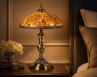 Mozaïek bedlamp Baltisch barnsteen, handgemaakt woondecoratie, licht amber, luxe verlichting