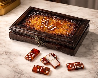 Baltic Bernstein Domino Set in geschnitzter Holzkiste, Luxus Travel Domino Spiel, Sammlerstück