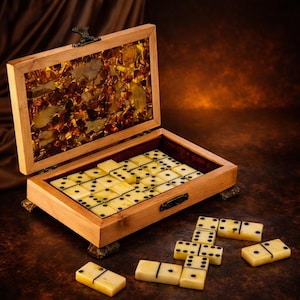 Luxury Amber Domino with Wooden Box, Handmade Dominoes, Travel Game Set, Family Night Game