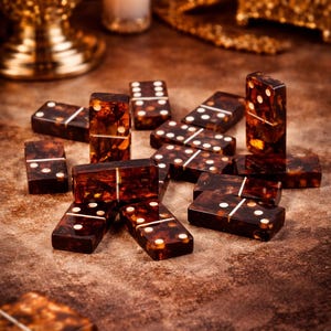 May include: A collection of brown dominoes with white dots, scattered on a textured surface. The dominoes have a marbled appearance and are arranged in a casual manner. A lit candle and decorative objects are in the background.