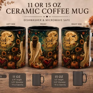 Angel Pumpkin Patch Mug, Halloween Trick or Treat Scene with Ghostly Moon, Autumn Leaves, Sunflowers, Bats, and Cozy Fall Atmosphere