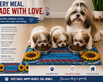 Alfombrilla para comida de mascotas con estampado de girasoles y corazones / Nombre personalizado