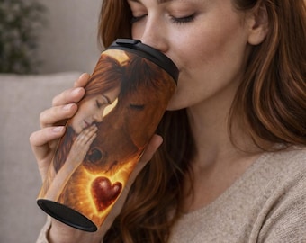 Taza de viaje de acero inoxidable con ilustración de corazón de mujer y caballo / Girasol, puesta de sol cálida