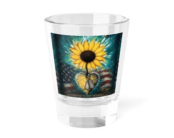Custom Patriotic Shot Glass, Sunflower with Flag and Dog Tags, Memorial Gift
