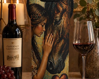 Personalized Wine Tote Bag, Girl and Horse Art, Boho Wine Carrier, Farmhouse Decor, Gift