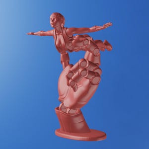 Pode incluir: Escultura castanho-avermelhada de uma mulher com roupa futurista, aparentemente flutuando acima de uma mão robótica. A mulher tem os braços estendidos e a mão é detalhada com elementos mecânicos. O fundo é azul liso.