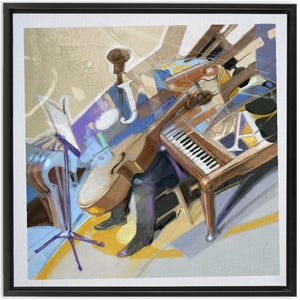 May include: Abstract painting of a jazz musician playing a double bass and piano. The artwork features a muted colour palette with shades of brown, blue, and yellow. The letters "J" and "A" are visible in the image.