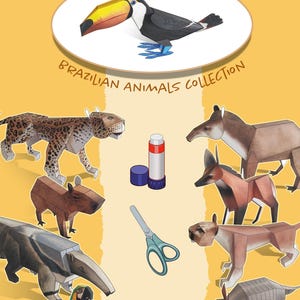 以下が含まれることがあります： 黄色い背景に、オオハシのイラストと「CUT & ASSEMBLE BRAZILIAN ANIMALS COLLECTION」の文字が描かれたポスター。 ジャガー、バク、アルマジロなど、9つのフルカラーの紙のおもちゃと、ハサミと接着剤が表示されています。