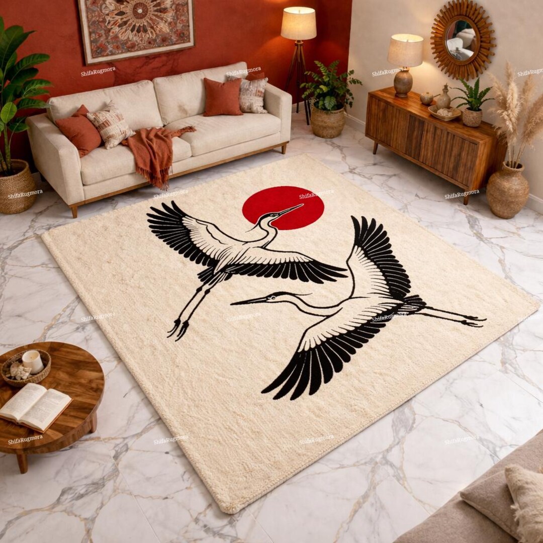 Japanese Crane Rug, Hand Tufted Wool Area Rug, Modern Minimalist Living ...