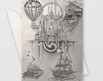 Travelling Fantasy - Greeting card -  HBSoulDesign - pencil drawing - Travelling illustration