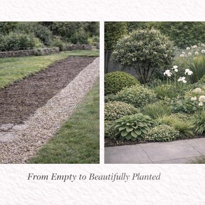 May include: A split image shows a garden transformation. The left side displays a bare garden bed with a gravel path. The right side showcases a lush garden with diverse plants and flowers. Text at the bottom reads "From Empty to Beautifully Planted."