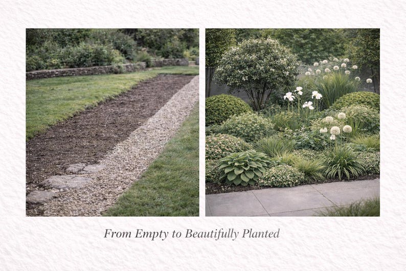 May include: A split image shows a garden transformation. The left side displays a bare garden bed with a gravel path. The right side showcases a lush garden with diverse plants and flowers. Text at the bottom reads "From Empty to Beautifully Planted."