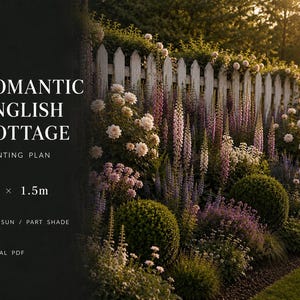 Schema di piantumazione per aiuole in stile romantico cottage inglese / PDF digitale / 3 m x 1,5 m
