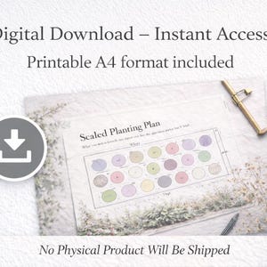 May include: Digital download of a scaled planting plan, including A4 format. The plan features a grid of colorful circles, with text that reads "Scaled Planting Plan". A gold-colored clip and a pen are also visible.