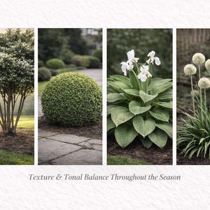 May include: A collage of four images showcasing garden plants. Includes a tree, a round bush, white flowers with large green leaves, and tall plants with round, white flower heads. Text reads "Texture & Tonal Balance Throughout the Season."