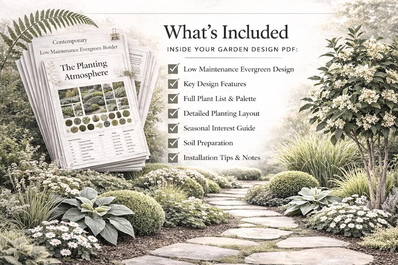 Elegant Evergreen Garden Border Planting Plan | Low-Maintenance, Year-Round Structure | Digital PDF | 3m x 1.5m image 3