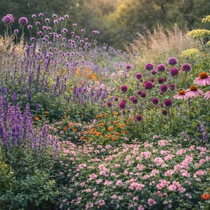Könnte beinhalten: Eine lebendige Gartenszene mit einer Vielzahl farbenfroher Blumen. Lila Allium, Sonnenhut und andere Blüten in Rosa-, Orange- und Gelbtönen schaffen eine üppige, natürliche Landschaft. Das Bild fängt eine sonnige Umgebung im Freien ein.
